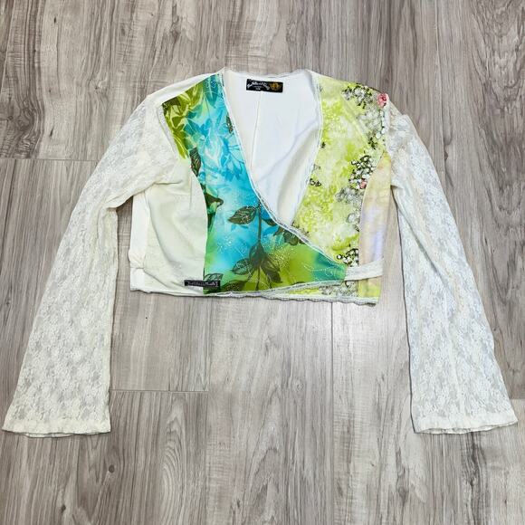 VTG Des Filles à la Vanille Paris Wrap Lace Top Blue Green Floral Sheer Y2K Boho - Picture 4 of 13